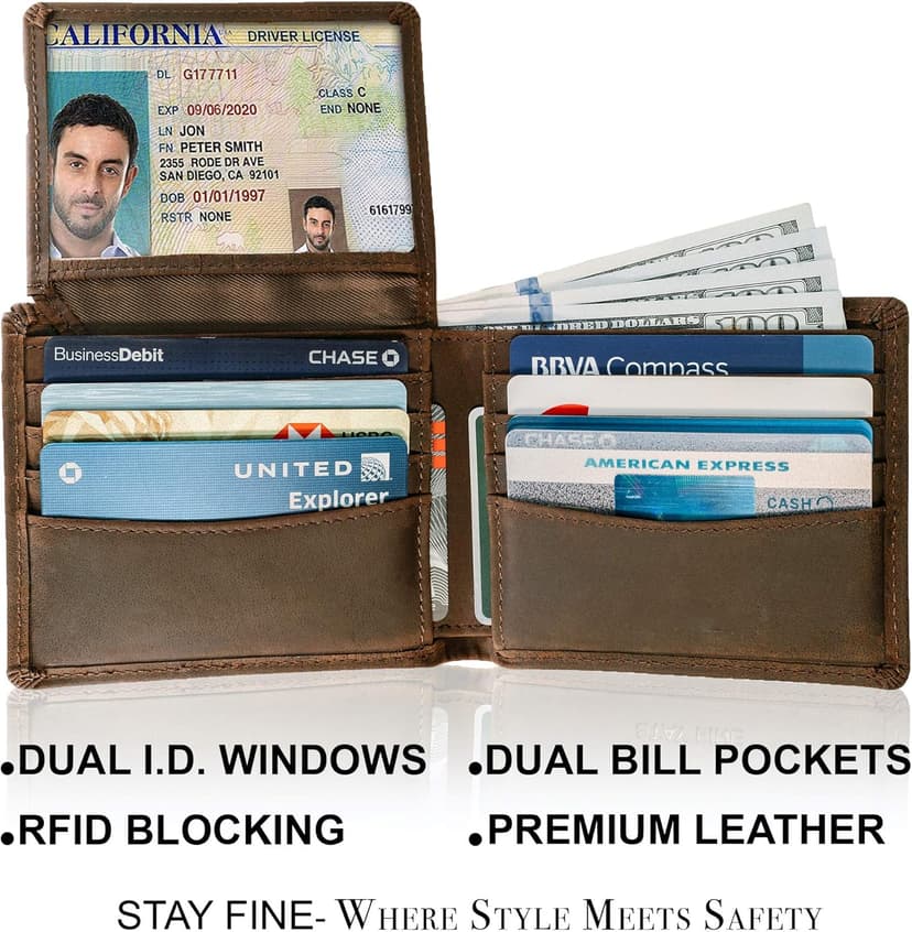 STAY FINE Top Grain Leather Wallet for Men | RFID Blocking | Extra Capacity Bifold Wallet with 2 ID Windows | Ultra Strong Stitching | Slim Billfold with 8 Card Slots | Gift for Him