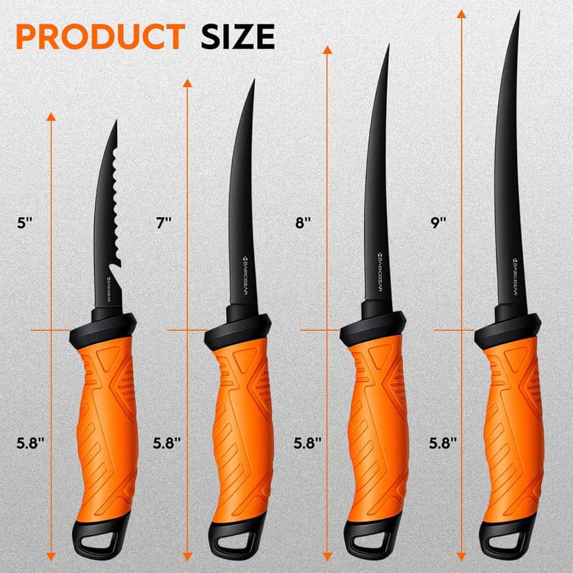 BasicGear Fishing Fillet Knife Set of 4 – 5”, 7”, 8”, 9” 440C Stainless Steel Knives with Non-Stick Blades, Sheaths, Sharpener, and Carry Bag – Deboning and Filleting Tools for All Fish Types