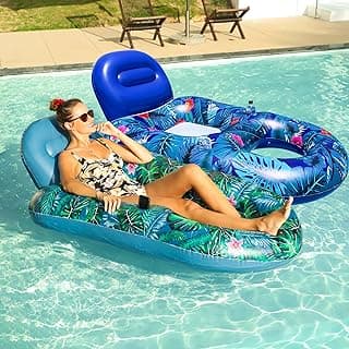 FindUWill Pool Floats Chairs Adult - 2 Pack 65'' x 42'' Large Pool Float Chairs, Inflatable Pool Lounger with Cup Phone Holder, Backrest, Footrest, Tanning Pool Lounge