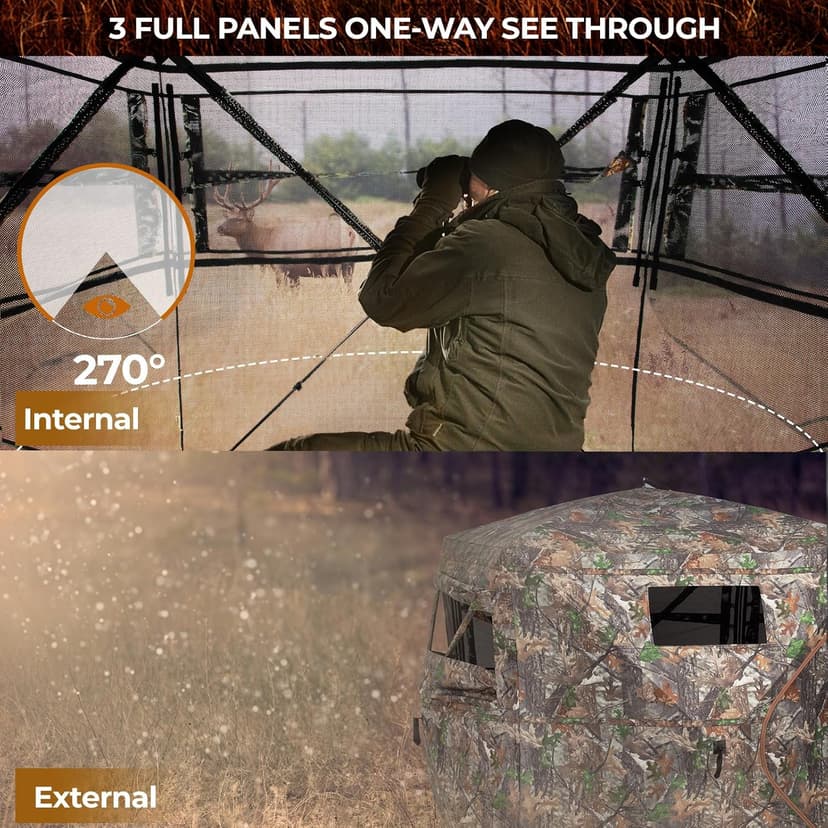HUNTSEN Hunting Blind 270 Degree See Through Ground Blind - 2-3 & 3-4 Person Pop Up Deer Blind for Hunting with Carrying Bag - 300D Reinforced Portable Durable Blind for Turkey and Deer