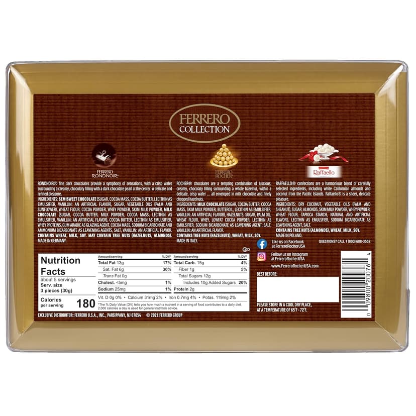 Ferrero Collection Fine Assorted Confections, Premium Chocolate Variety Pack with Ferrero Rocher, Raffaello, and Rondnoir, 6.1 oz, Gift Box for Sharing with Family and Friends