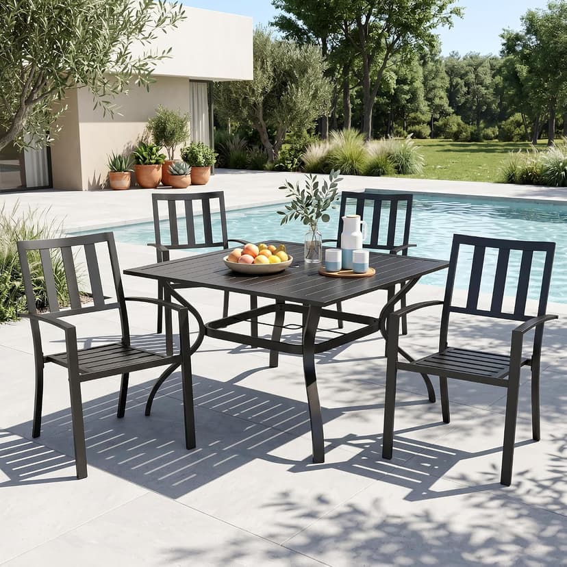 MFSTUDIO Outdoor Dining Set for 4, Patio Table and Chairs Set with Umbrella Hole, Metal Patio Furniture Set for Patio, Deck, Yard, Porch