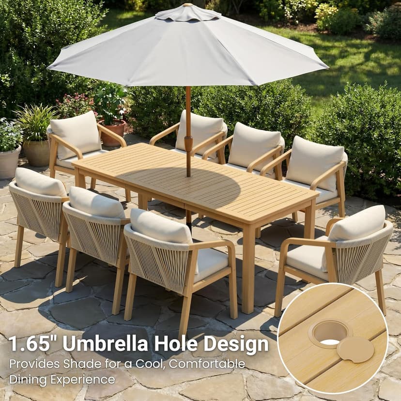 Wisteria Lane 9 Pieces Acacia Outdoor Patio Table and Chairs Set for 8, Patio Outdoor Dining Table Set with Cushion, Modern Outdoor Patio Table Set for Lawn Backyard Garden Deck, Beige