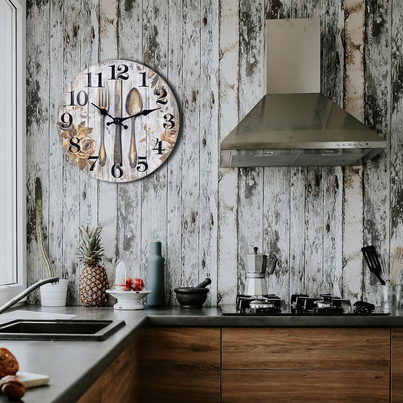 Keepcross Kitchen Wall Clock Fork & Spoon Cutlery Theme Rustic Modern Farmhouse Decor Glass Clock for Kitchen, Dining Room - 8 Inch, Battery Operated