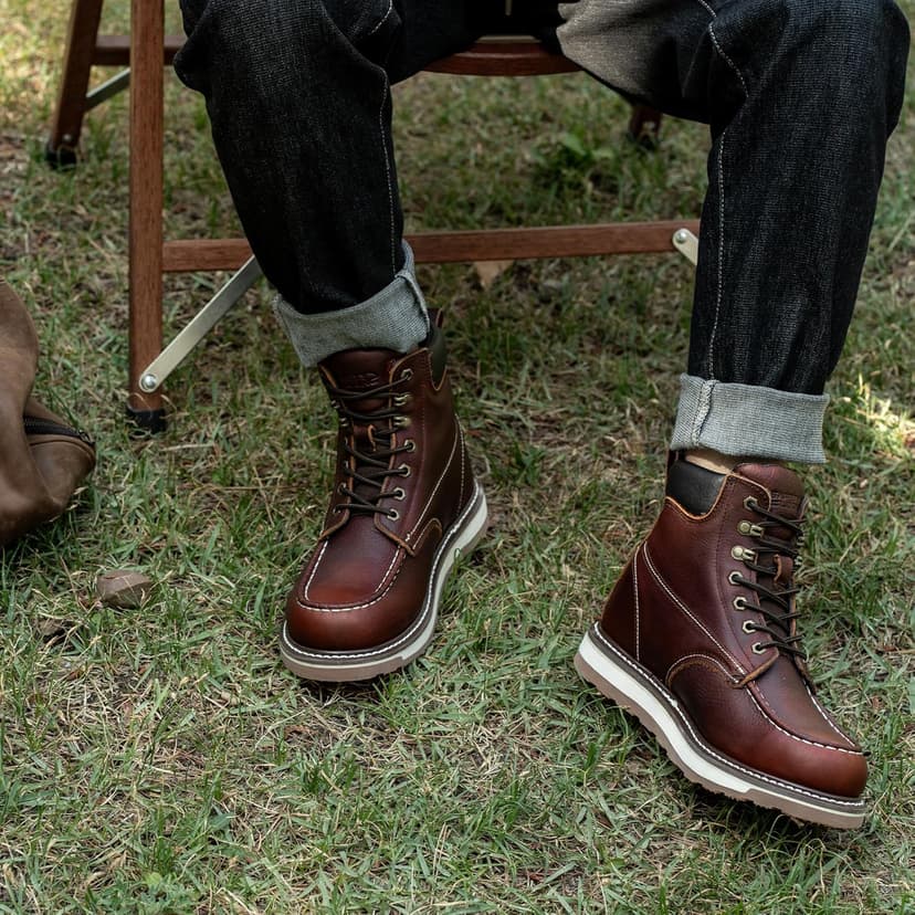 SAFETY LOONG Moc Toe Work Boots for Men Waterproof Soft/Steel Toe Comfortable Full Grain Leather Non Slip Wedge Outsole Construction 6" Workboots