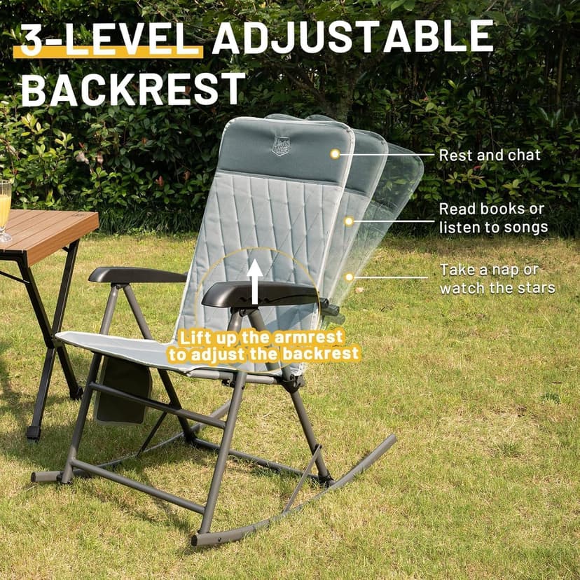 Timber Ridge 3-Level Adjustable Rocking Camping Chair, Padded High Back Outdoor Rocking Chair with Side Pocket, Portable Folding Rocker for Adults, Supports 300 LBS for Lawn, Patio, Porch