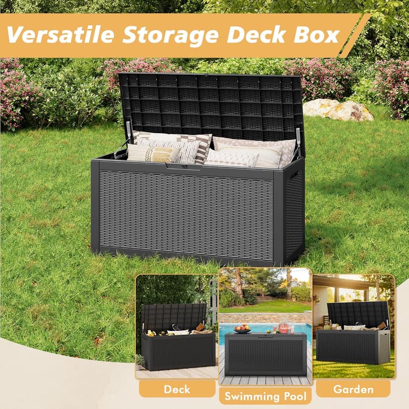 100 Gallon Outdoor Storage Box, Resin Deck Boxes Outdoor Waterproof For Patio Furniture, Garden Tools, Pool Supplies, Lockable And UV Resistant (Rattan Black)