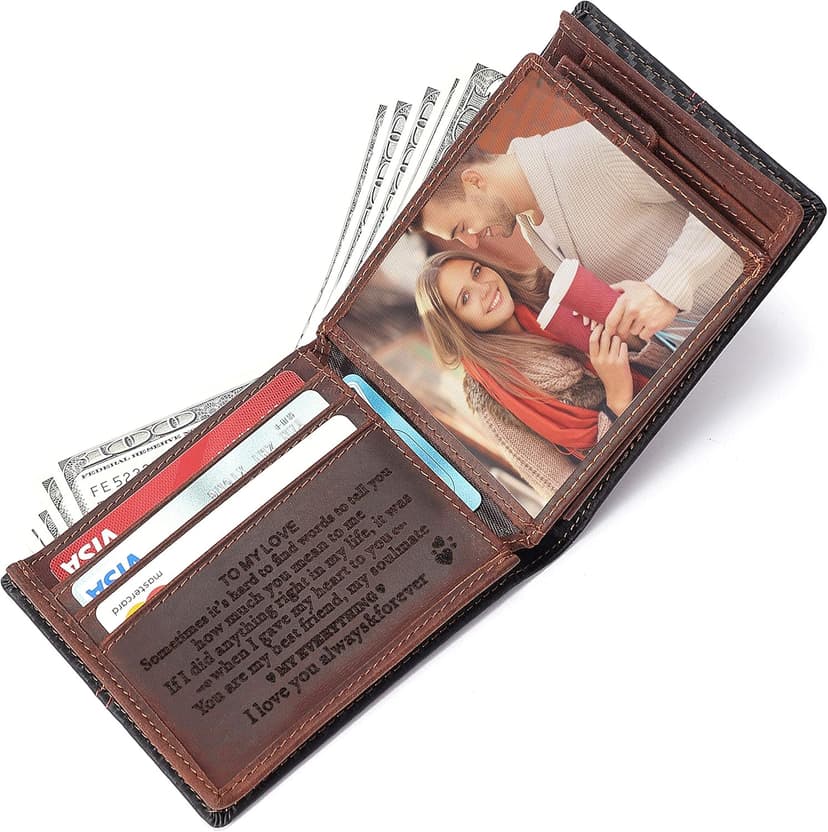 Personalized Engraved Leather Wallet for Boyfriend Husband from Wife Girlfriend - Christmas Anniversary Valentines Day Birthday Wedding - I Love You - Men Custom Bifold Wallets with Romantic Message