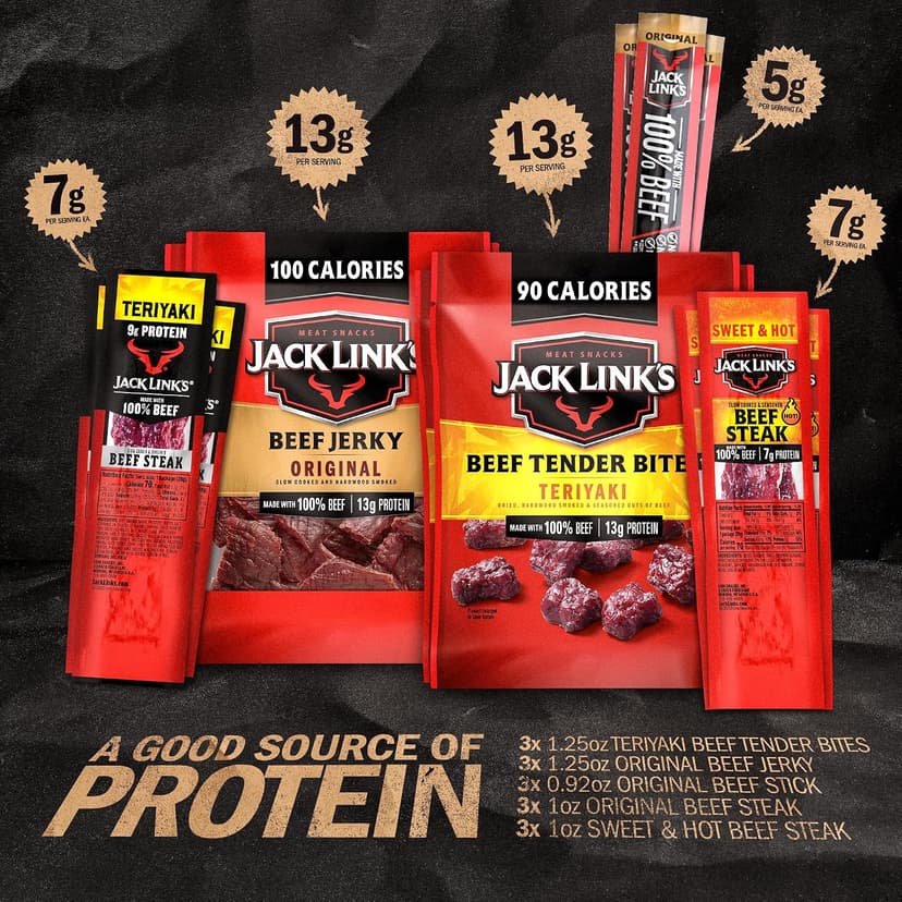 Jack Link's Beef Jerky Gift Basket Variety Pack - Includes Jerky, Meat Sticks, and Beef Steaks, Great Gift for Men, Perfect Hunting Trip Snacks, 15-Piece Assorted Meat Snack Pack