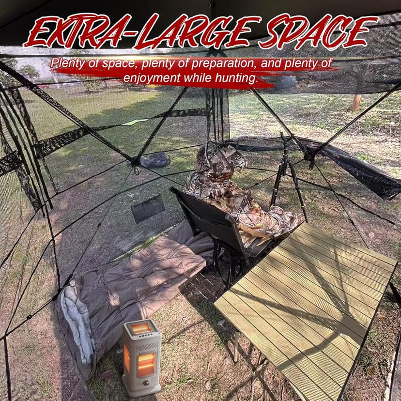 Wide Bottom Hunting Blind 1-3 Person with Portable Chair, 270 Degree See Through Pop up Ground Blinds for Deer Turkey Duck Hunting, Bow Hunting Adjust Windows with Silent Zipper