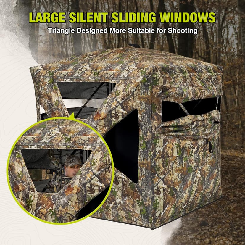 TIDEWE Hunting Blind 270°Full See Through with Windproof Curtain, Silent Magnetic Door & Sliding Windows, Pop Up Ground Blind with Carrying Bag, 300D Portable Tent