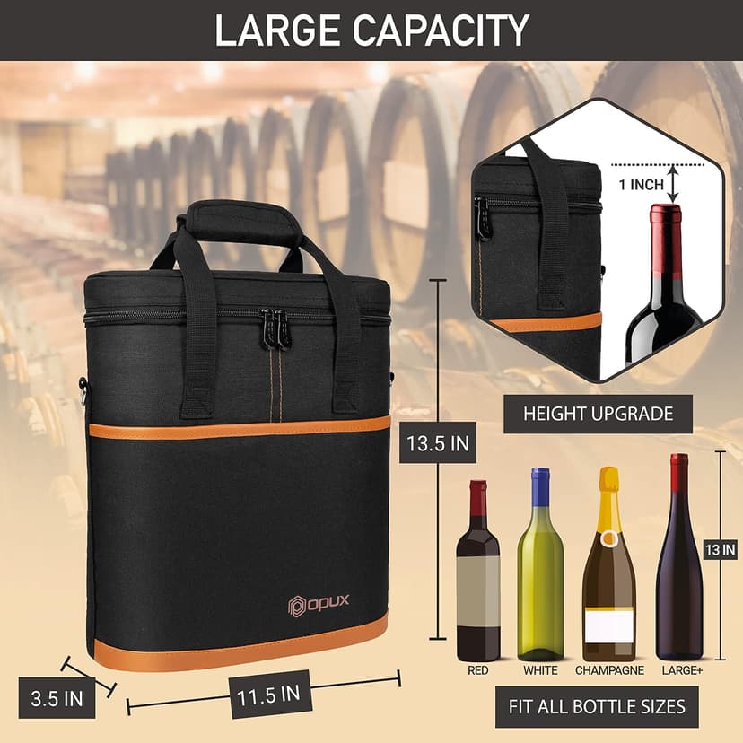 opux 3 Bottle Wine Carrier Tote, Insulated Leakproof Wine Cooler Bag, Wine Travel Bag Tote for Picnic BYOB Beach, Portable Wine Bottle Carrying Case, Gift for Wine Lover Women Men Christmas, Brown