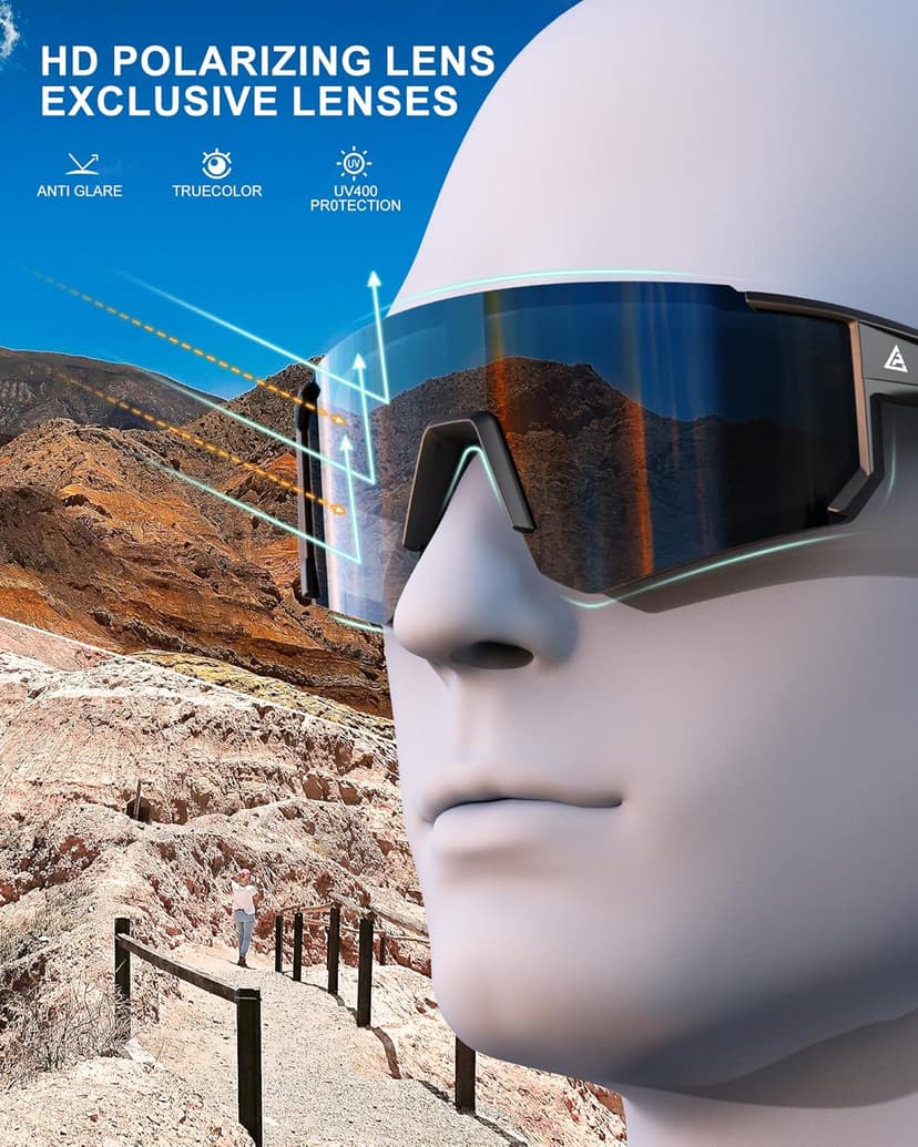 QALLY Polarized Sports Sunglasses for Men, UV400 Protection Mens Sunglasses Wrap Around Sun Glasses for Cycling Running