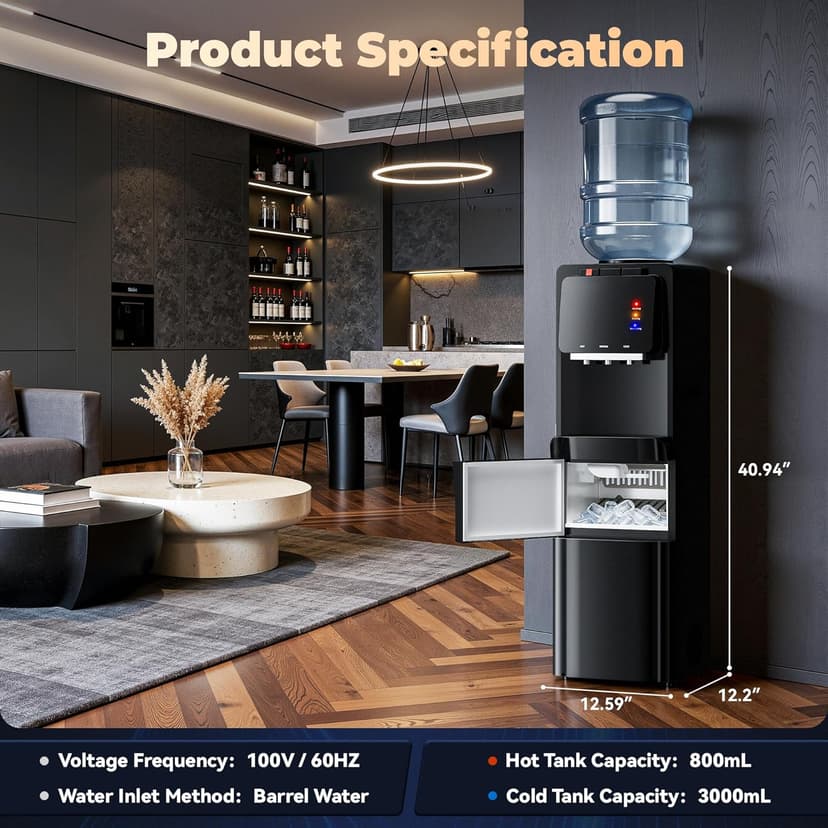 Tehanld Water Dispenser with Ice Maker, 4-in-1 Top Loading Water Cooler with Hot, Cold & Room Temp Water, 35lbs/Day Fast Ice Making, Child Safety Lock, Fits 2-5 Gallon Bottles for Home & Office