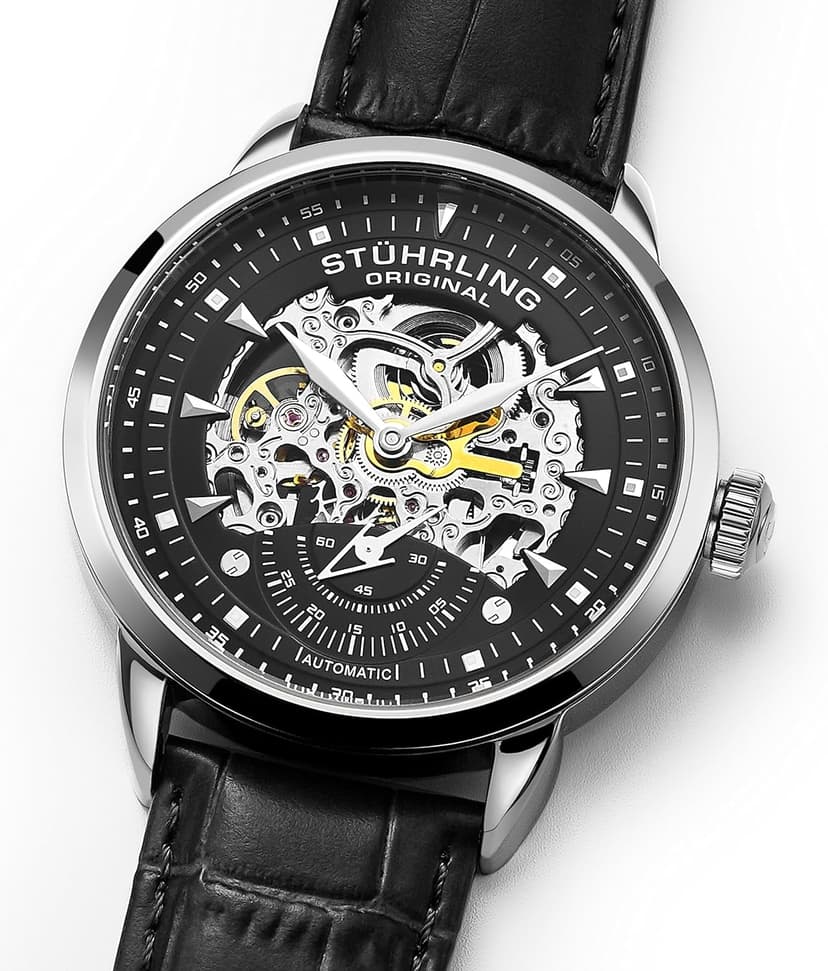 Stuhrling Original Mens Automatic Skeleton Watch - Black Leather Strap, Mechanical Silver Executive Watch