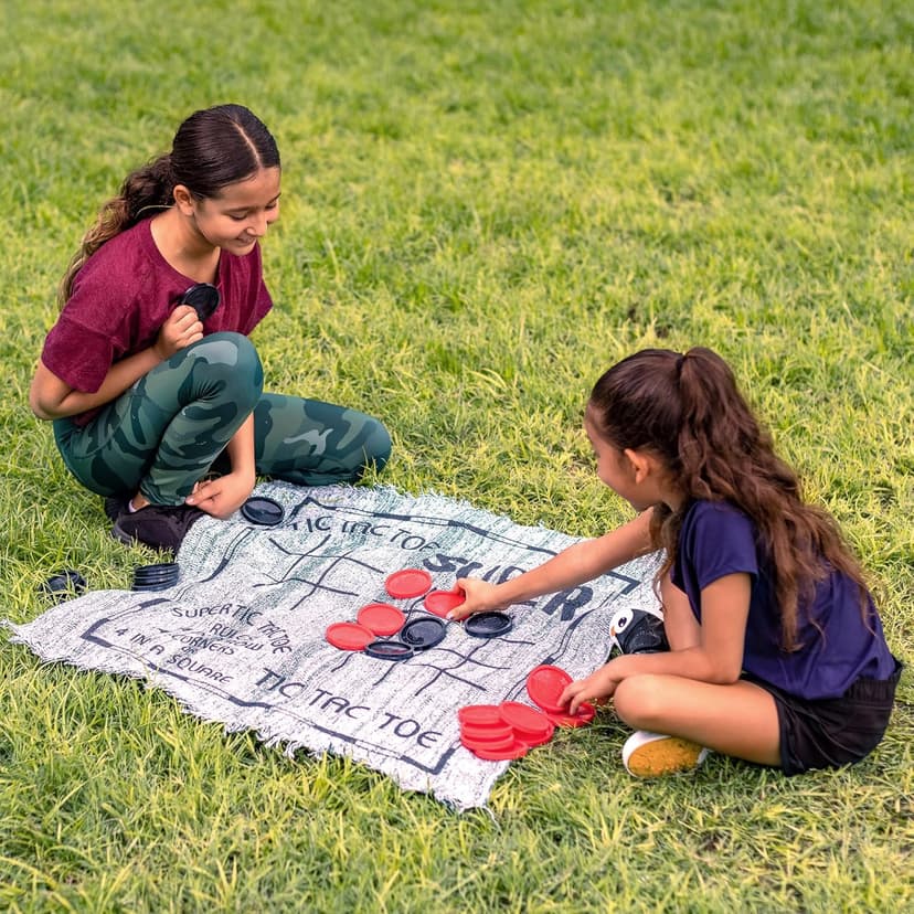 3-in-1 Vintage Giant Checkers, Tic, Tac, Toe, with Reversible Mat, 24 Chips, Family Board Game, Lawn Game, BBQ Party Favor, Indoor and Outdoor Activity for Kids and Adults