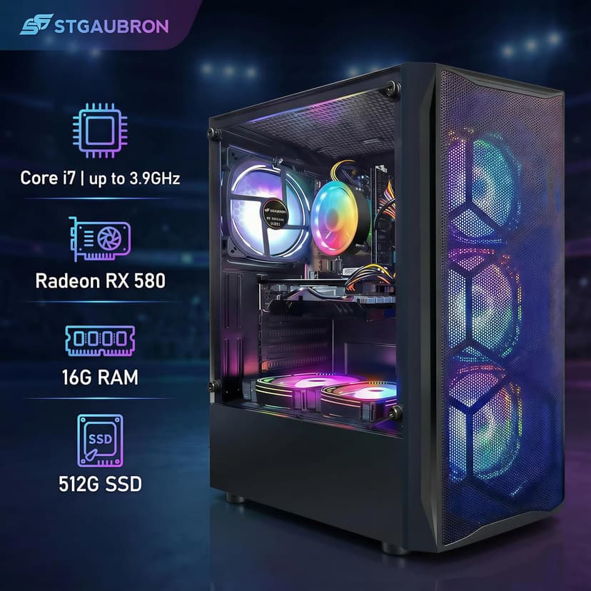 STGAubron Gaming PC Desktop Computer, Intel Core I7 up to 3.9 GHz, Radeon RX 580 8G, 16G RAM, 512G SSD, WiFi, Bluetooth 5.0, RGB Fan x6, RGB BT Sound Bar, Windows 10 Home
