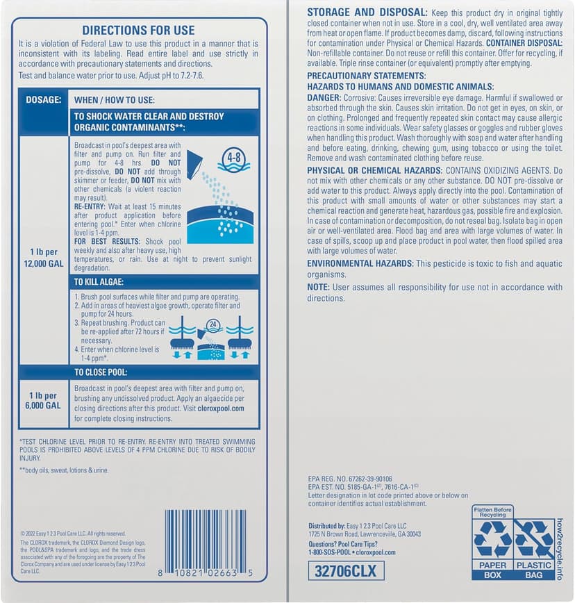 Clorox® Pool&Spa™ Shock Clear, for Crystal Clear Swimming Pool Water, Swim-ready in 15 minutes, Suitable for vinyl pools (6-Pack)