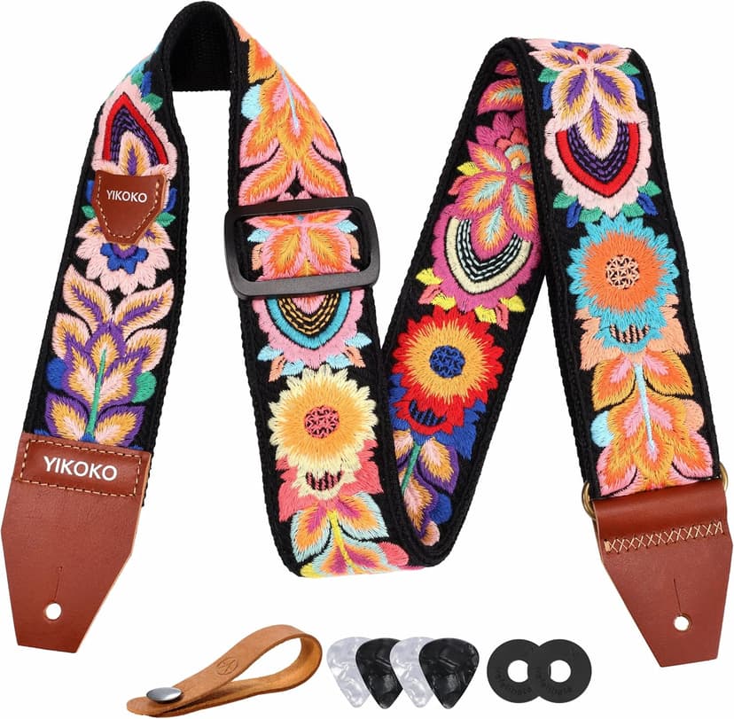 YIKOKO Guitar Strap，2 inch Flower Knit Cotton Guitar Straps with Full Grain Leather End, for Bass Electric and Acoustic Guitars, Free Strap Button, 2 Strap Locks and 4 Guitar Picks