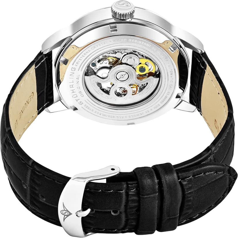 Stuhrling Original Mens Automatic Skeleton Watch - Black Leather Strap, Mechanical Silver Executive Watch