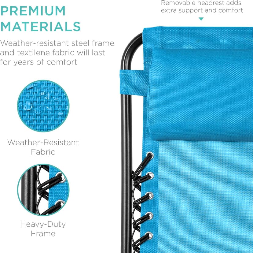 Best Choice Products Set of 2 Adjustable Steel Mesh Zero Gravity Lounge Chair Recliners w/Pillows and Cup Holder Trays - Light Blue