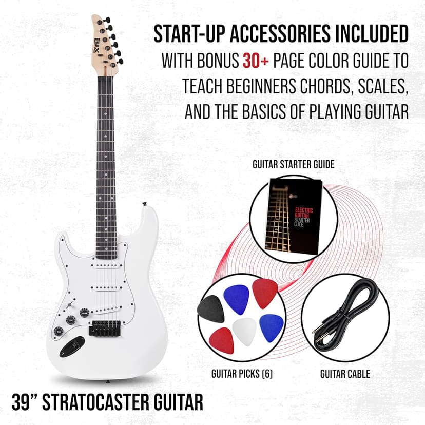 LyxPro CS 39” Left Hand Electric Guitar Kit for Beginner, Intermediate & Pro Players with Guitar, Amp Cable, 6 Picks & Learner’s Guide, Solid Wood Body, Volume/Tone Controls, 5-Way Pickup - White