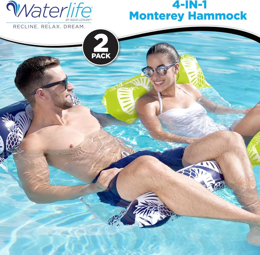 Waterlife 4-in-1 Pool Hammock 2-Pack, Inflatable Pool Chair Float, Water (Saddle, Lounge Chair, Drifter), Navy Blue and Green