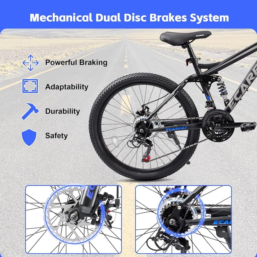 24/26/27.5 Inch Wheel Mountain Bike, 21 Speed MTB Bike with Full Suspension, Steel Frame and Dual Disc Brakes, Adult Mens Outdoor Cycling Mountain Bicycle