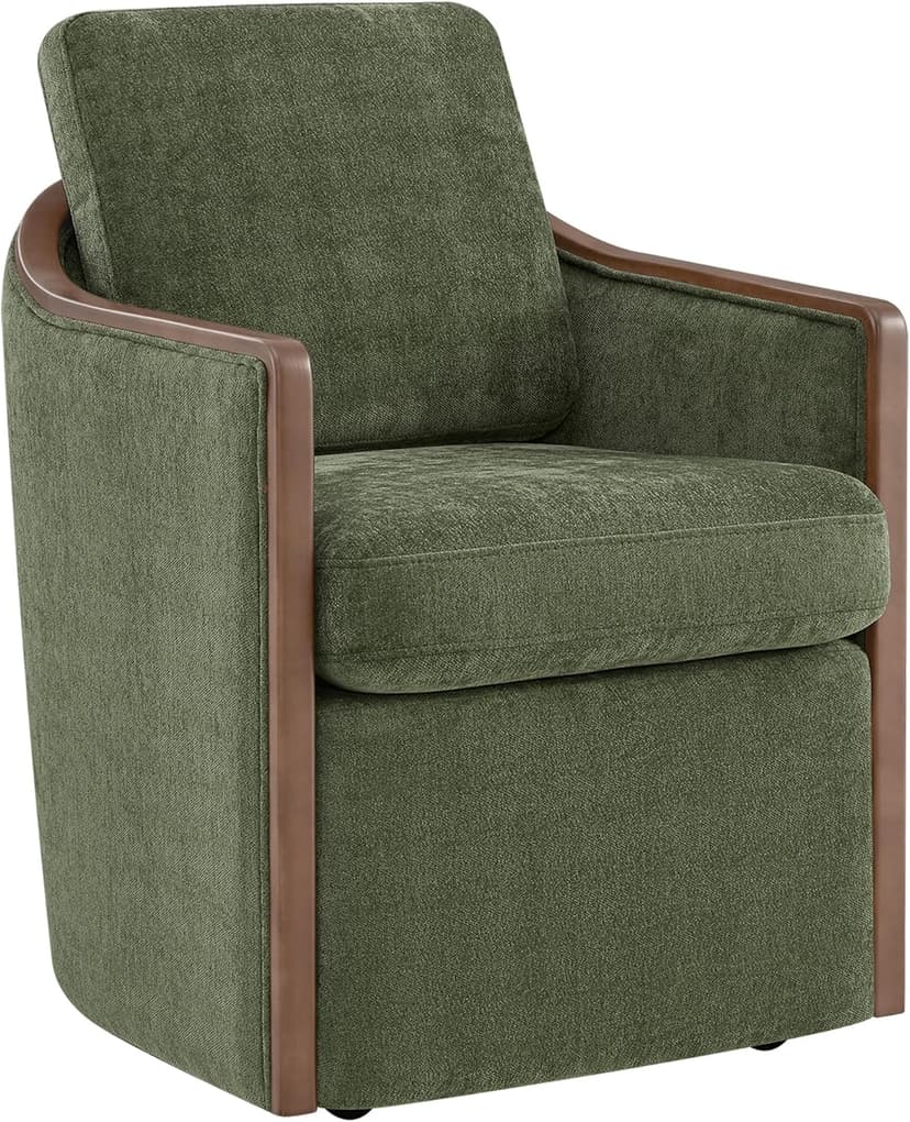 CHITA Upholstered Dining Chairs Set of 2 with Hidden Casters, Modern Dining Chair with Backrest & Wood Armrest, Chenille Barrel Chairs for Dining Room, Kitchen Chairs Fully Assembled, Moss Green