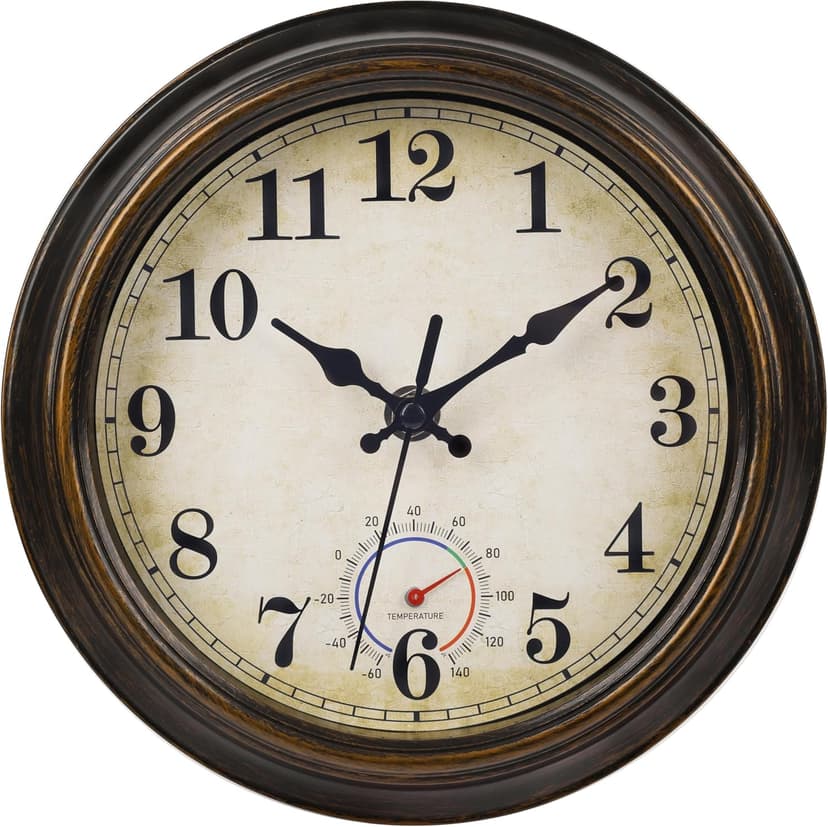 Horizent Outdoor Clocks Waterproof with Thermometer Combo Vintage Rustic Wall Clock for Patio Pool Bathroom Kitchen(8 Inch,Bronze)