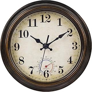 Horizent Outdoor Clocks Waterproof with Thermometer Combo Vintage Rustic Wall Clock for Patio Pool Bathroom Kitchen(8 Inch,Bronze)