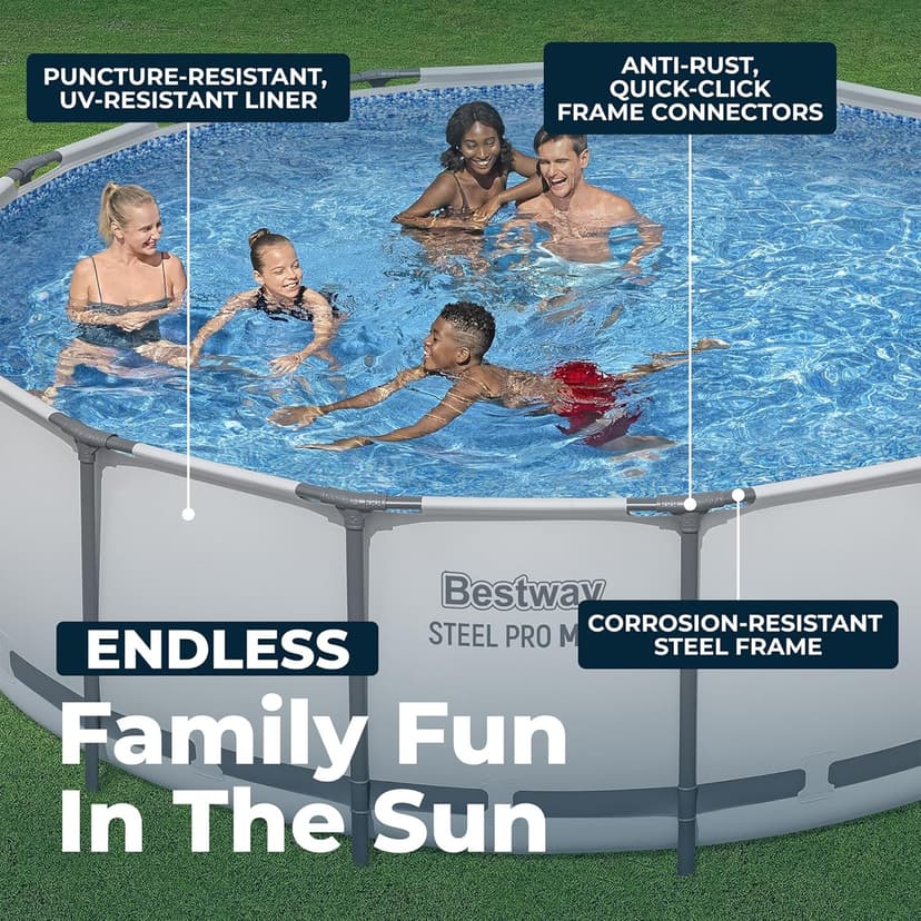 Bestway Steel Pro MAX 15' x 48" Above Ground Pool, Round Metal Frame Outdoor Swimming Pool Set with Filter Pump, Ladder, and Cover, Gray