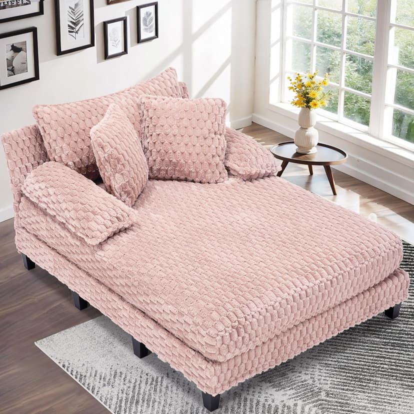 Faux Fur Chaise Lounge Indoor with Adjustable Backrest, 59 Inches Single Sleeper Sofa Chair with 3 Lumbar Pillows, Upholstered Oversized Lounge Chair for Living Room, Bedroom, Office