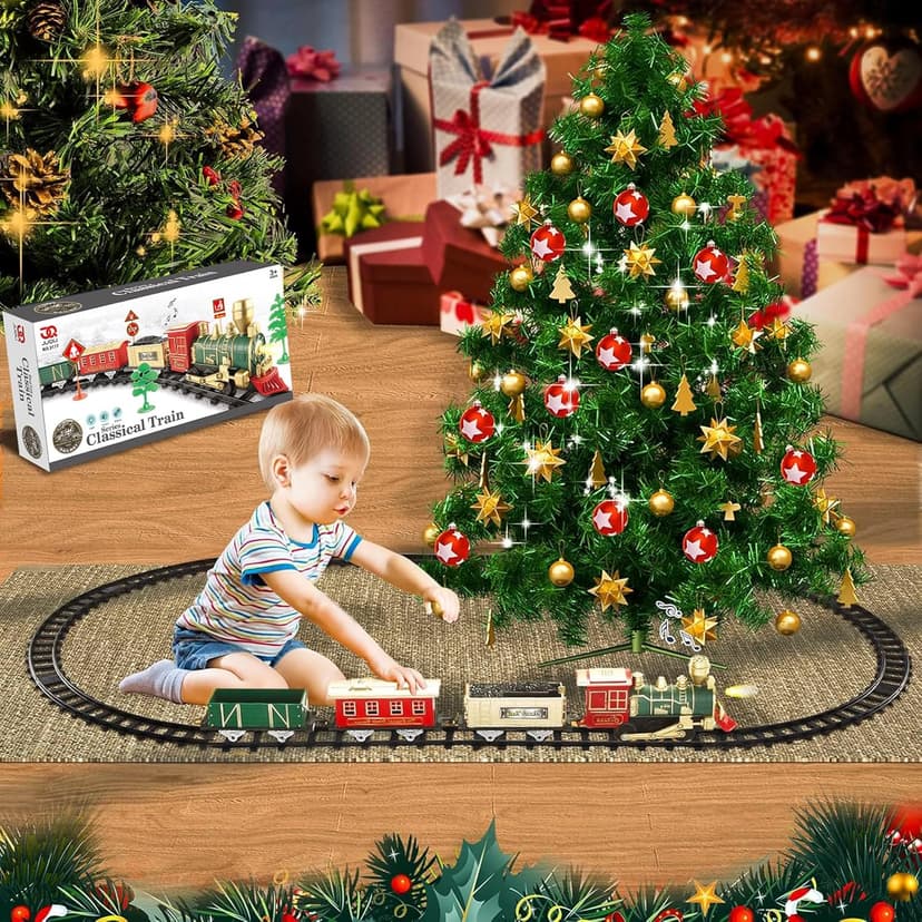 JQ JUQU Electric Train Set for Kids Ages 3-8, Battery Operated Toy Train with Lights and Sounds, 3 Cars and 10 Tracks for Christmas and Year Round Play