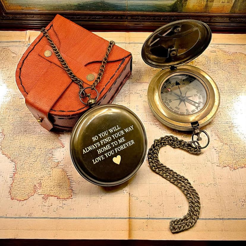 Love You Forever Engraved Sundial Compass with Leather Case – Inspirational Gift for Traveler, Adventurer, Groom, Baptism, Wedding or Him | Vintage Brass Navigation Compass