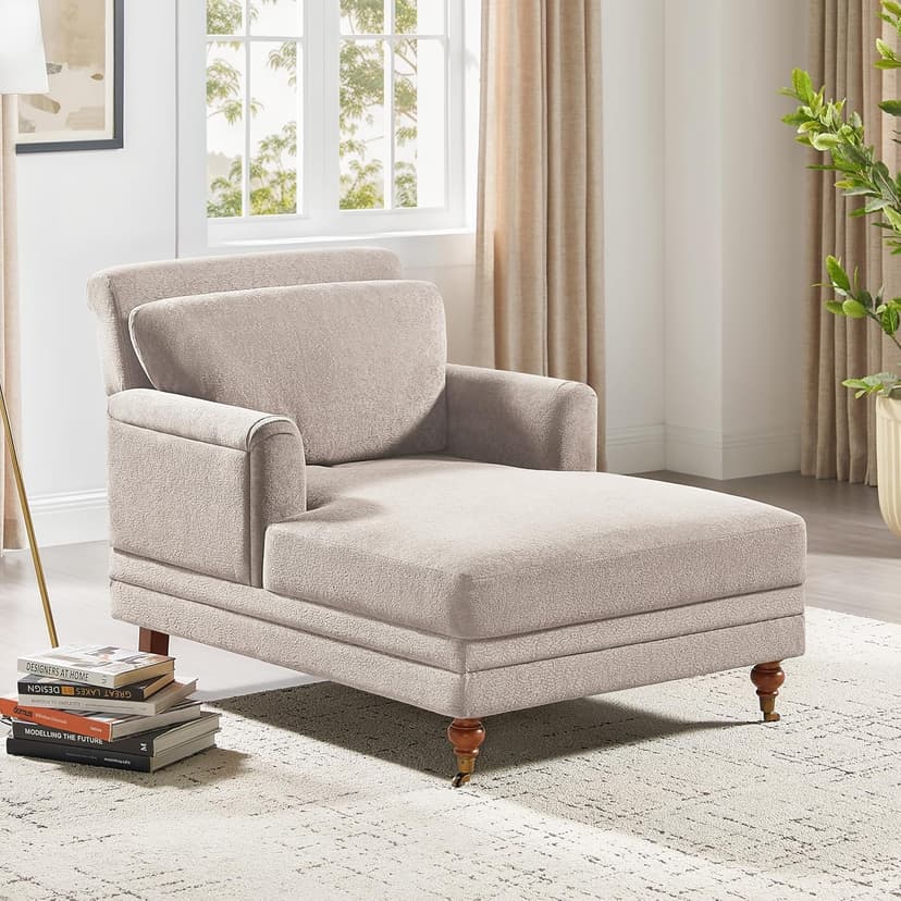 VANOMi 57.48'' Chaise Lounge Chair Indoor, Modern Chenille Chaise Lounge Couch with Adjustable Deep Backrest, Upholstered Leisure Recliner Chair for Living Room, Apartment, Bedroom, Camel Color