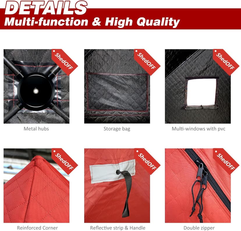 ShedOFF 300D/600D Insulated Ice Fishing Shelter 2-3 Person, Wide Bottom Windproof Pop-up Ice Fishing Tent, Thermal Portable Ice Shanty Ice Shack