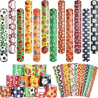 Deekin 48 Pcs Sports Party Favors Slap Bracelets Football Baseball Soccer Snap Bracelet Bands Slap Bands Colorful Decorations for Kids Birthday Party Supplies, 8.8 x 1.2 Inch