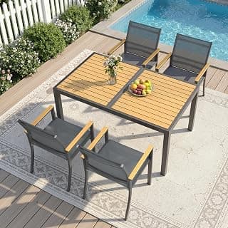 5-Pieces Aluminum Patio Table and Chairs for All-Weather, Patio Table Set with Heavy Duty HDPS Rectangular Table, Outdoor Patio Dining Furniture Set with Breathable Quick-Drying Textilene Chairs