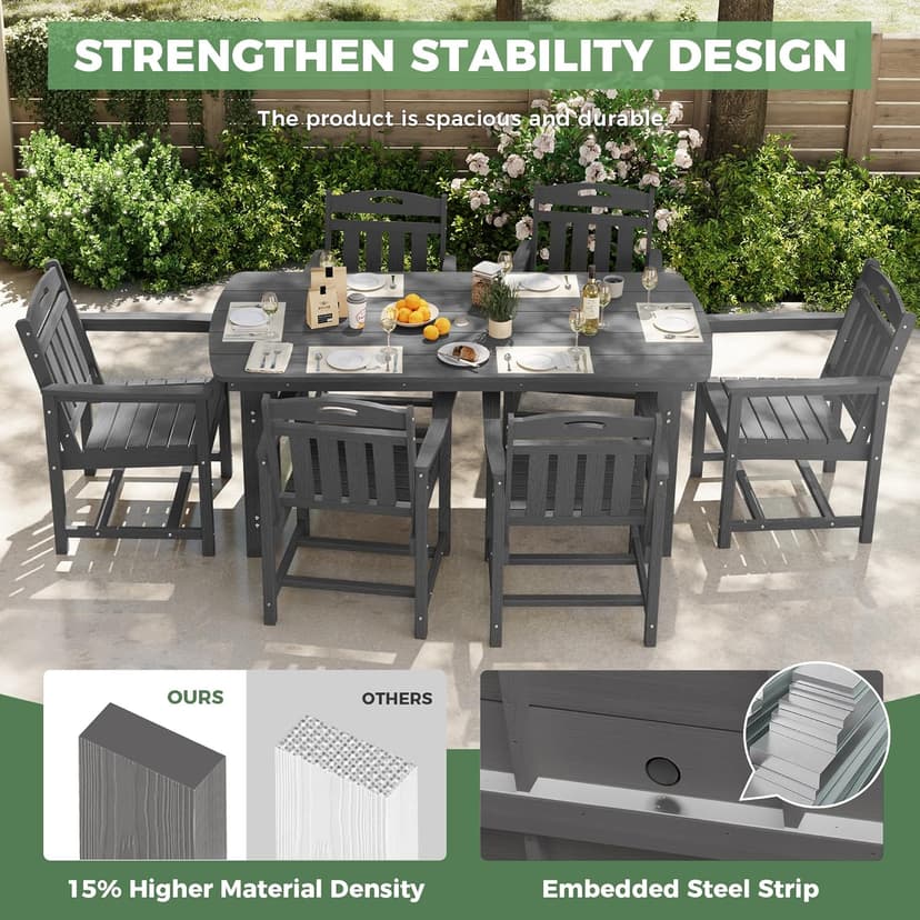 HDPE Outdoor Patio Dining Set with Table & 6 Chairs, All-Weather 7-Piece Outdoor Table and Chairs, 2" Umbrella Hole, Patio Furniture for Garden, Backyard, Deck | Grey