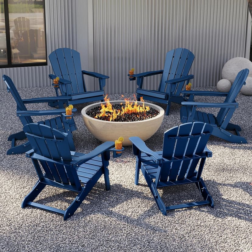 GREENVINES Folding-Adirondack-Chairs-Set-of-6 | w/Cup Holder| HDPE Plastic | All-Weather Patio Fire Pit Chairs | for Outdoor Poolside Deck | Blue