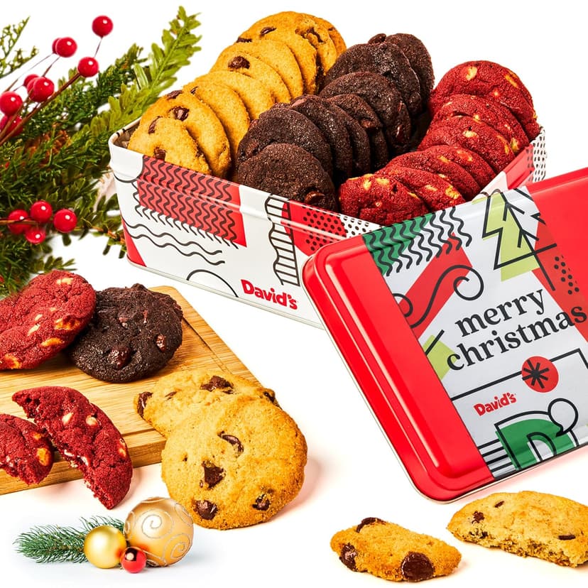 David's Cookies Merry Christmas Mini Cookies in Sweet Sampler Tin - Assorted Mini Christmas Cookies with Chocolate & White Chocolate Chip and Red Velvet - Gourmet Cookie Gift Basket for Holidays 14oz