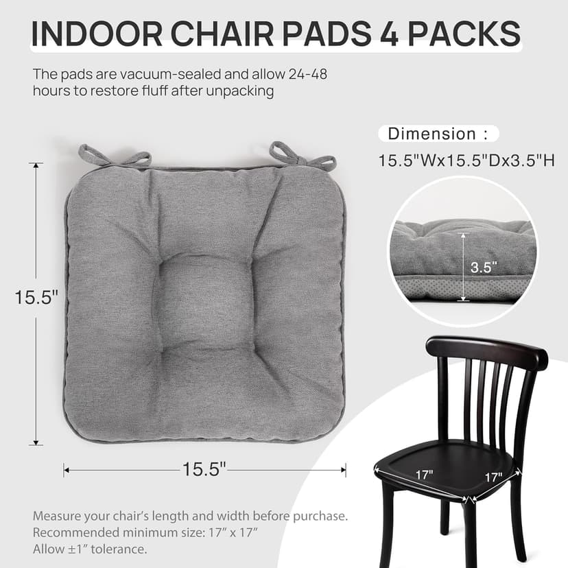 Love's cabin Memory Foam Chair Cushions Set of 4, 15.5"x15.5"x3.5" Indoor & Outdoor Seat Pads for Dining, Kitchen, Office, Patio Chairs - Grey