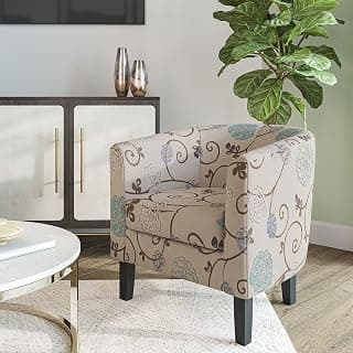 BELLEZE Living Room Chair, Linen Round Accent Barrel Chair, Club Tub Sofa Chair for Bedroom, Corner Chair with Flared Legs and Cozy Soft Padding - Highland (Floral Print)