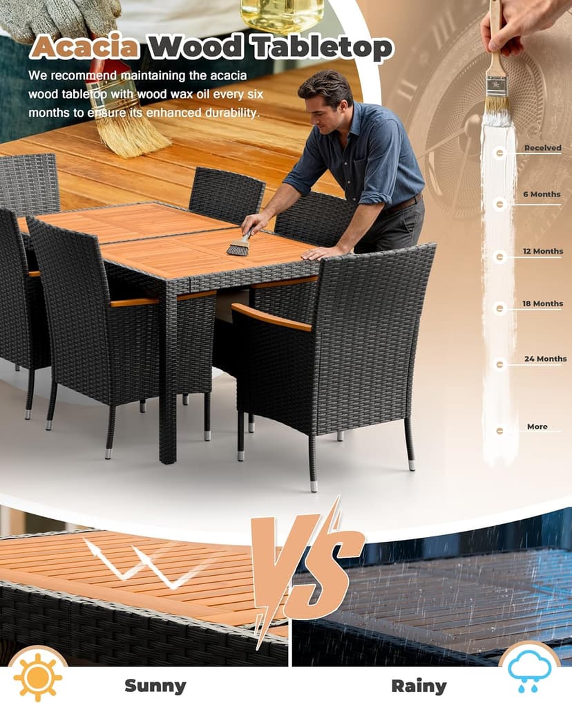 Flamaker 7 Piece Patio Dining Set Outdoor Acacia Wood Table and Chairs with Soft Cushions Wicker Patio Furniture for Deck, Backyard, Garden
