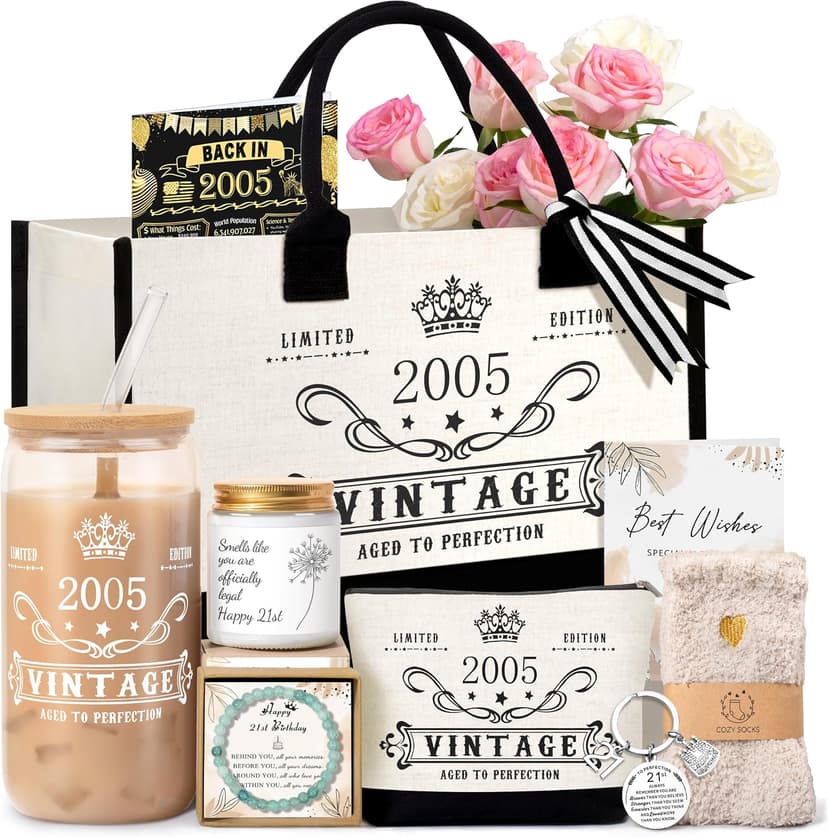 Jumway 21st Birthday Gifts for Women, Happy 21 Year Old Birthday Gifts for Women, Glass Cup & Canvas Tote 2005 Decorations & Ideas for Sister Daughter Girlfriend Her Friends B0GZ3YB5T7