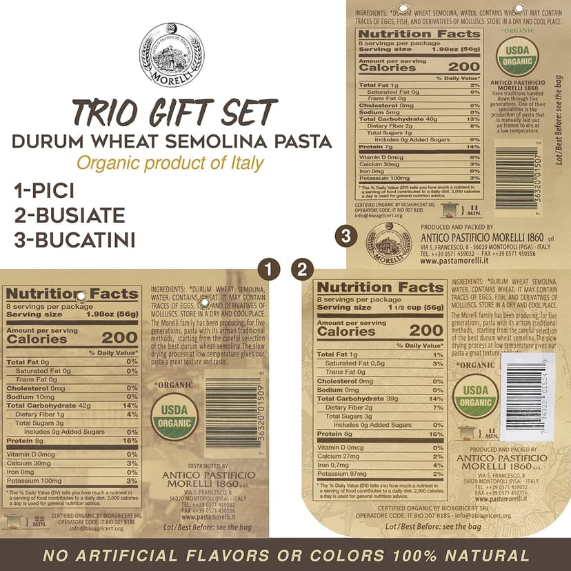 Morelli Busiate, Pici, and Bucatini Organic Pasta Variety Pack - Imported Italian Pasta Sampler - Specialty Assortment Includes Three-17.6 oz Packages of Gourmet Pasta from Italy