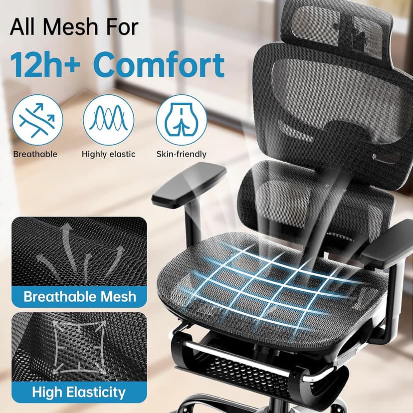 AreShark Office Chair Ergonomic Desk Chair,High Back Computer Chair with 3D Headrest & Armrests,Gaming Chair with Lumbar Support,90-135°Tilt Lock Mesh Office Chair with Footrest,Wheels,Black