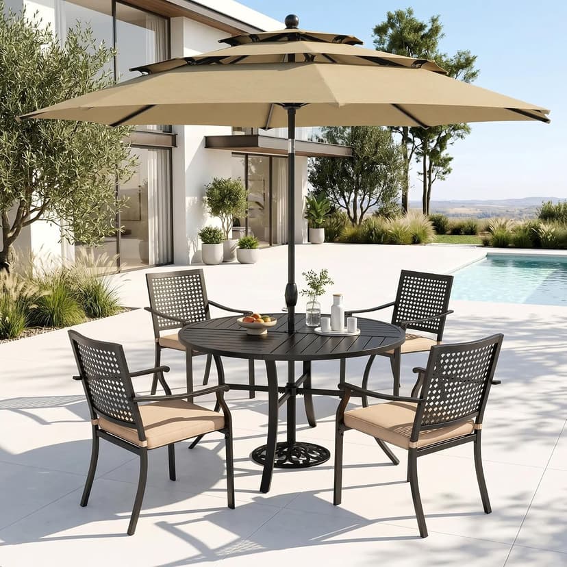 PHI VILLA 5 Pieces Outdoor Dining Set for 4 with Umbrella, 42" Large Round Metal Steel Table & Stackable Iron Chairs with Cushions & 10ft Beige Umbrella, Modern Furniture for Patio, Deck, Yard, Porch