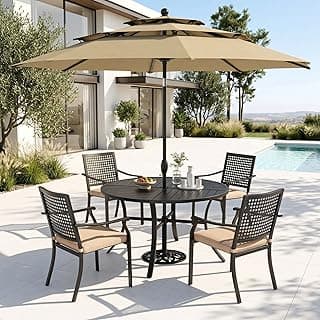 PHI VILLA 5 Pieces Outdoor Dining Set for 4 with Umbrella, 42" Large Round Metal Steel Table & Stackable Iron Chairs with Cushions & 10ft Beige Umbrella, Modern Furniture for Patio, Deck, Yard, Porch